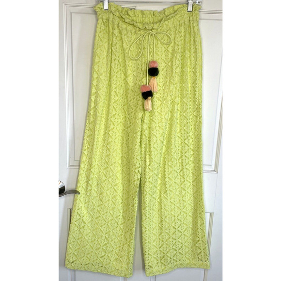 Anthropologie Ollari Lacy Wide-Leg Pants size XS chartreuse Beach Boho Ruffle - Picture 1 of 16